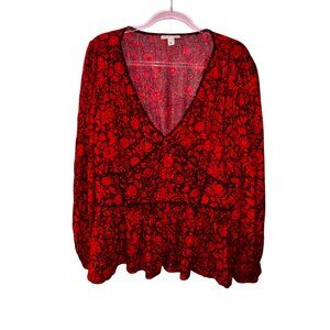 Floral Print Boho Blouse Plus Size XXL Red Black‎ Western Boho Sexy Peplum Top